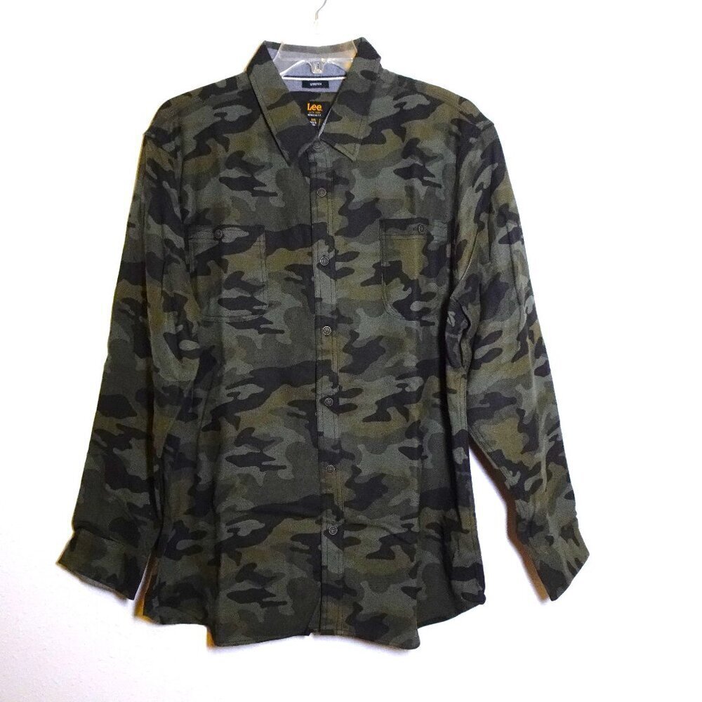 Lee Flannel Shirt Men's Size 2XL Green Camouflage Camo Stretch Outdoor Hunting